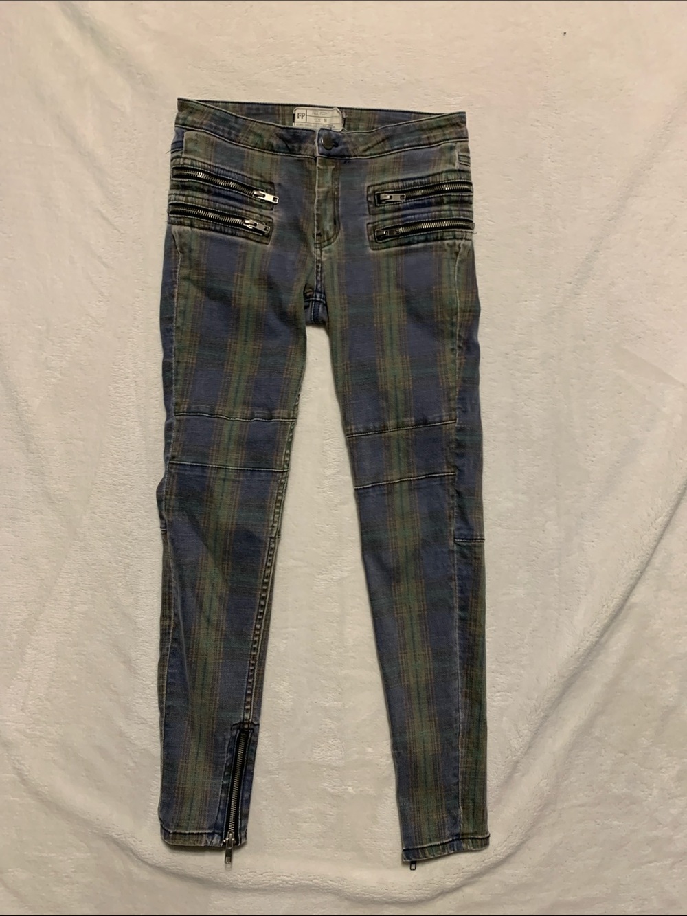 Free People Lennon Tartan Plaid Moto Jeans Zip Blue Green Ankle Crop 26 x 26